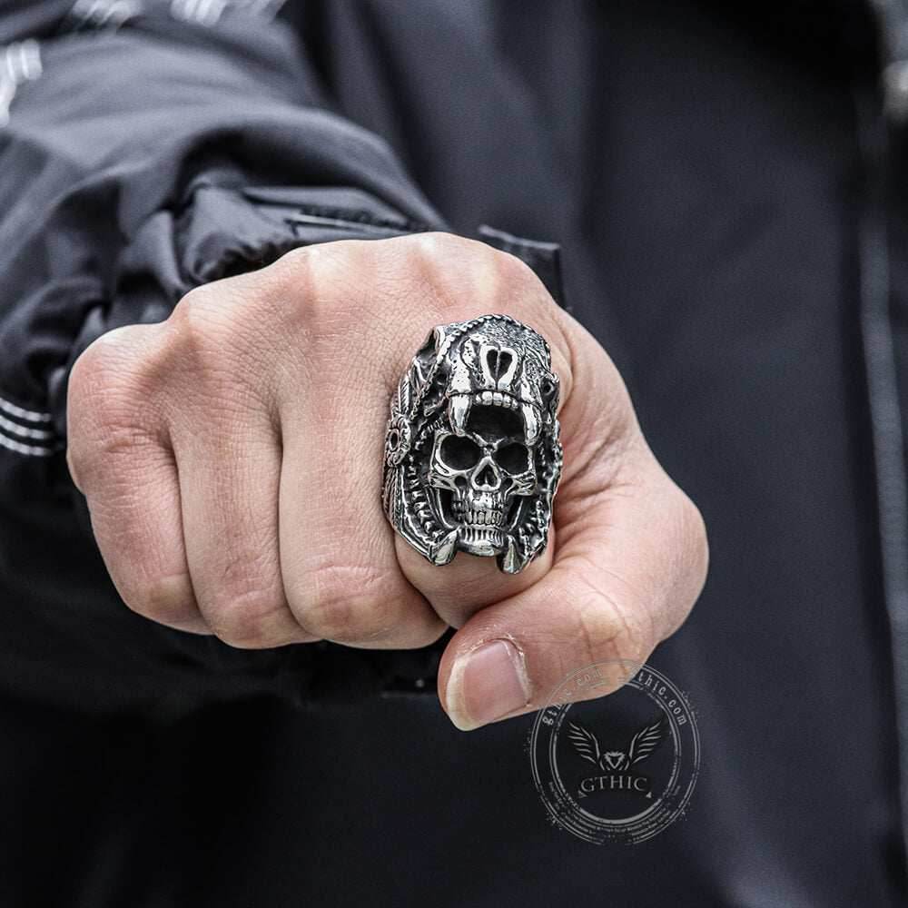 Aztec Jaguar Warrior Stainless Steel Skull Ring - Silver / 7