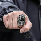 Aztec Jaguar Warrior Stainless Steel Skull Ring - Silver / 7