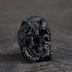 Aztec Jaguar Warrior Stainless Steel Skull Ring - Black / 7