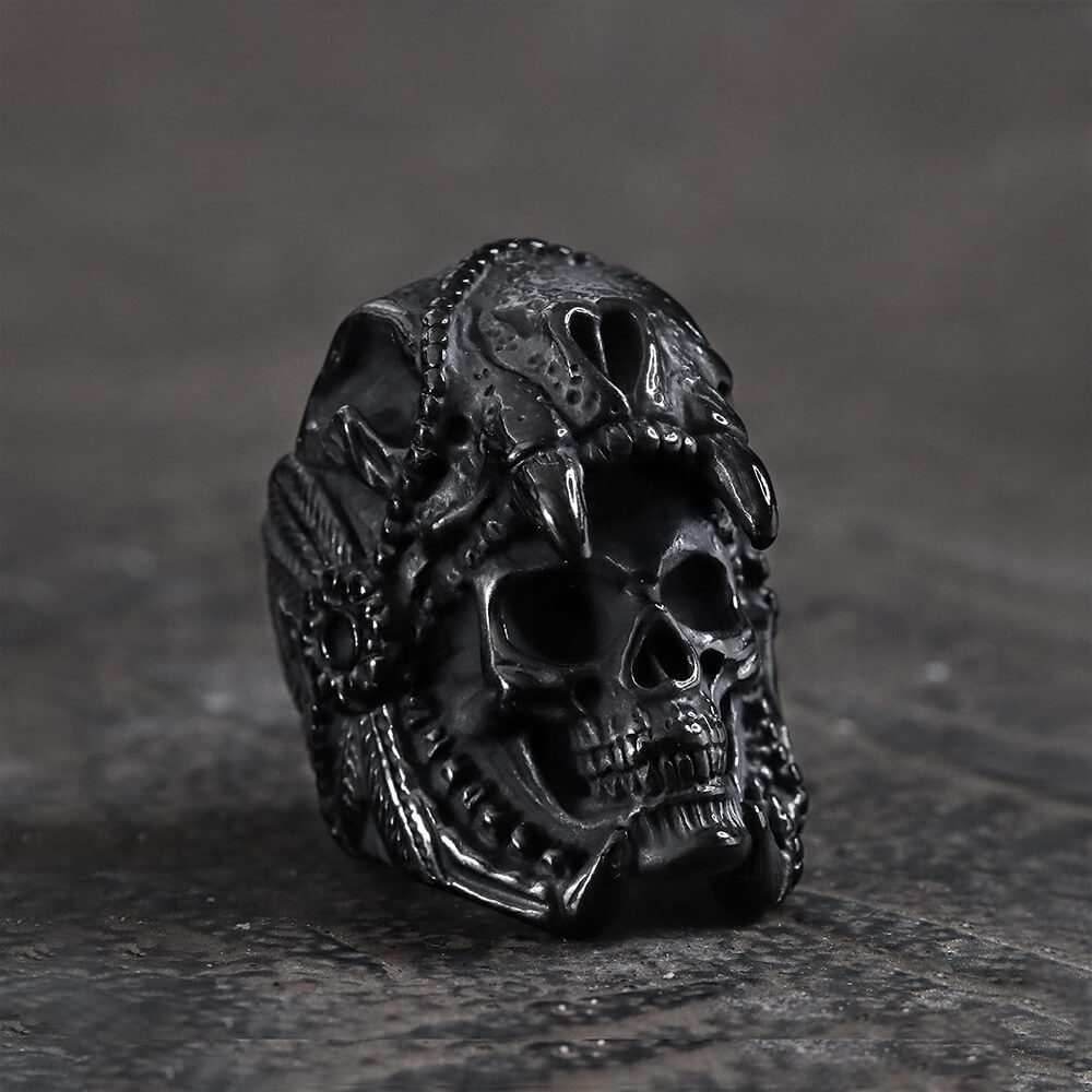 Aztec Jaguar Warrior Stainless Steel Skull Ring - Black / 7