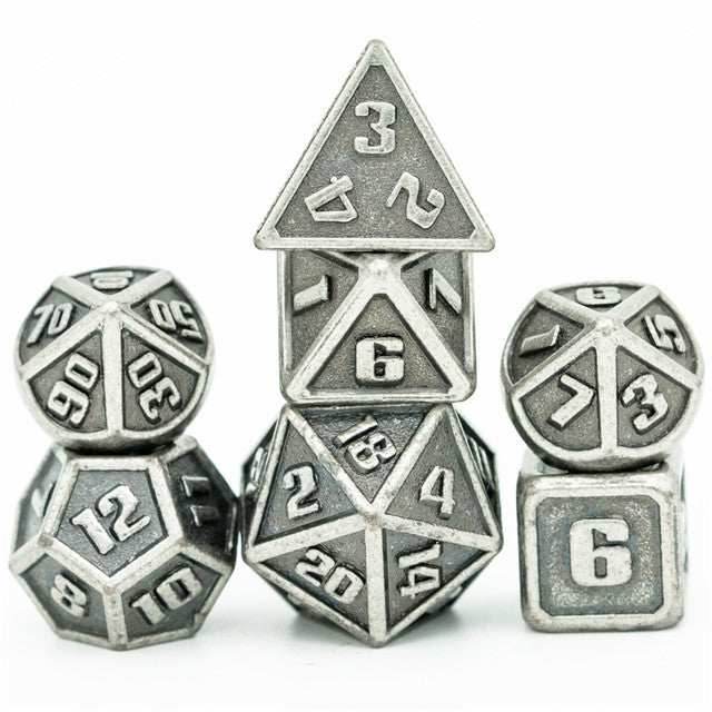 Silver Mini Metal Dice Ancient Effect | (10mm to 15mm) 7-Dice Udixi RPG - 