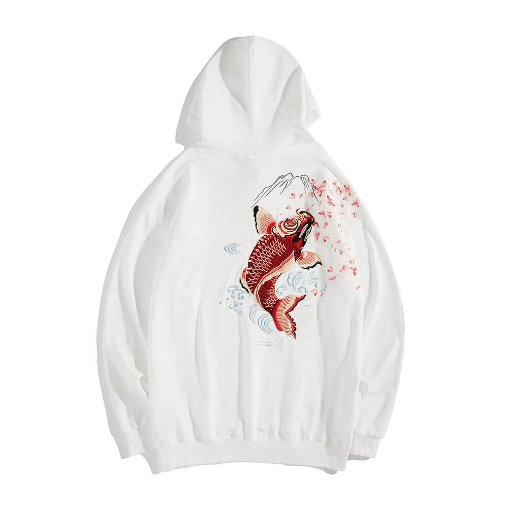 KH9197 Red Koi Embroidery Hoodie - White / S
