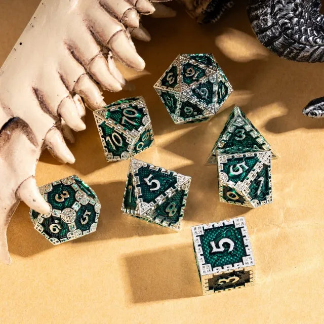 Silver Green Dragon Metal Dice Set