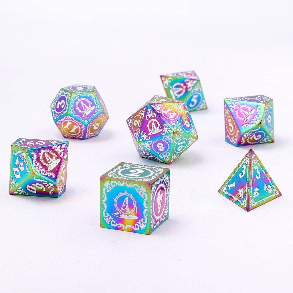 Wizard Solid Metal Polyhedral Dice Set - Rainbow with White - 