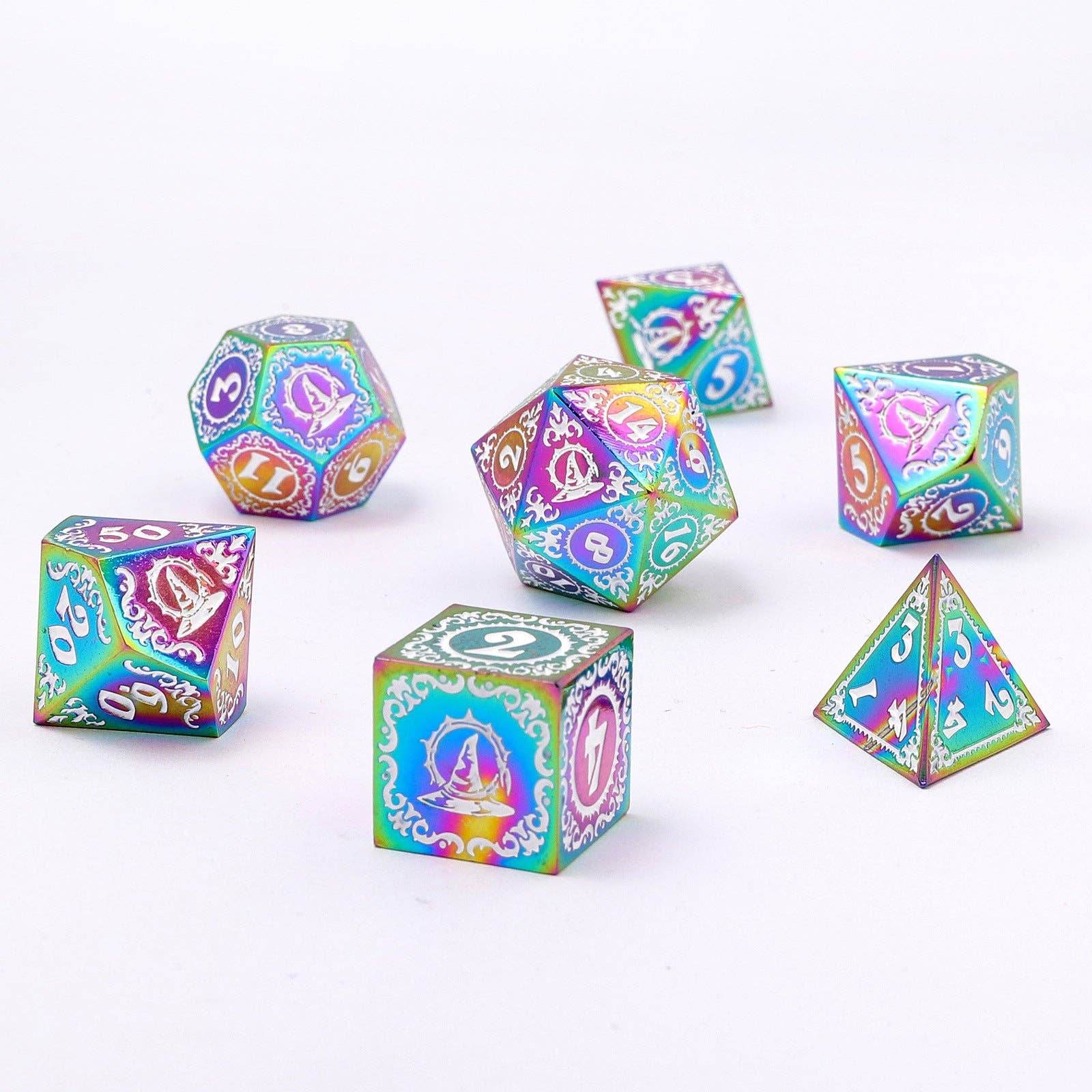 Wizard Solid Metal Polyhedral Dice Set - Rainbow with White - 