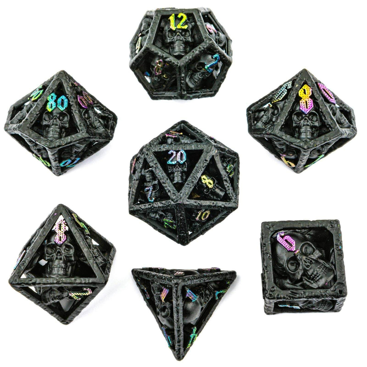Skull's Grin Hollow Metal Dice Set - Black with Chromatic - 