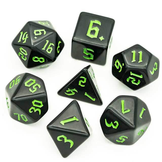 Economy Black Dice (Green font) 7-Dice Set RPG DND - 