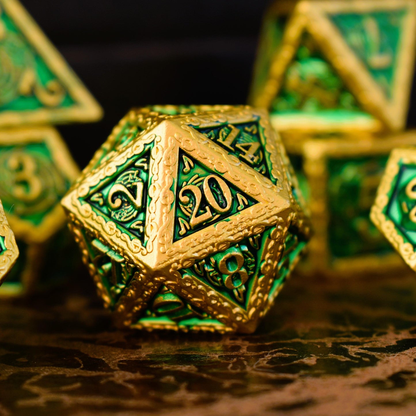 Ballad of the Bard Green and Gold Metal Dice Set