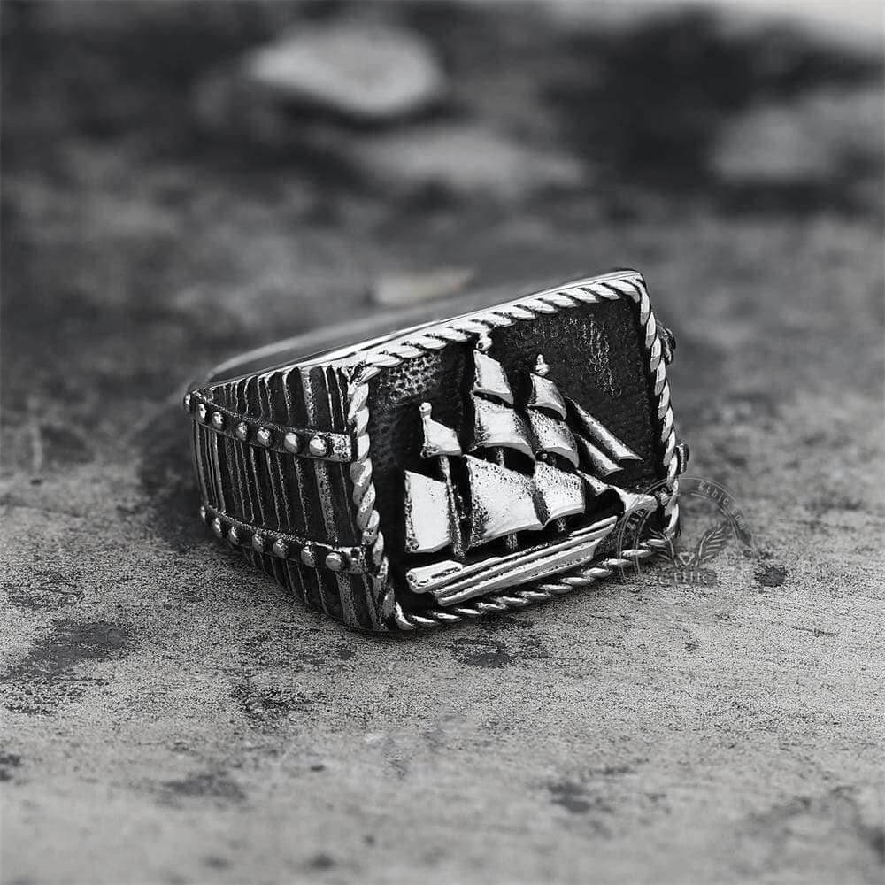 Barque Sailing Ship Stainless Steel Marine Ring - Silver / 7
