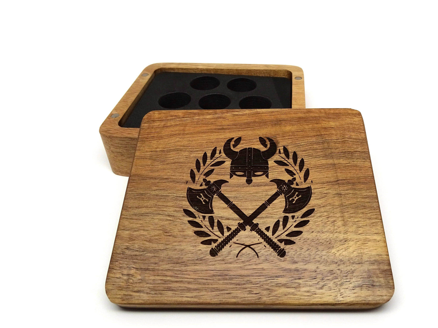 Battle Helmet Wooden Dice Case - Acacia Wood
