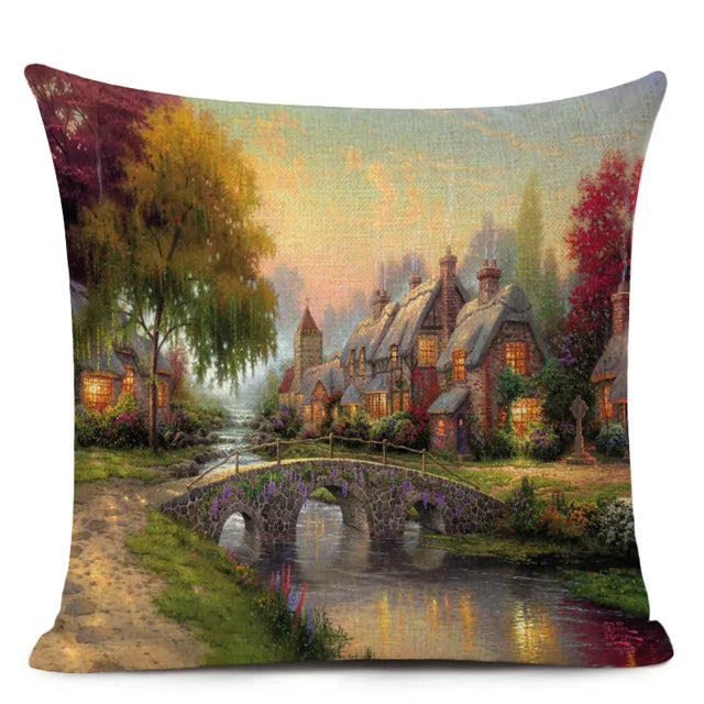 Beautiful Fairy Tale Linen Cushion Cover American Countryside Fields Gardens Scenery Art Oil Painting Decorative Pillowcase