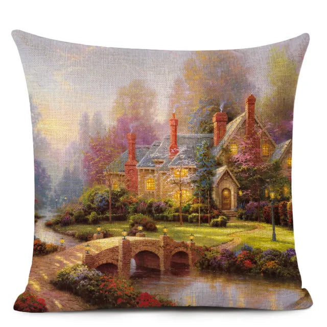 Beautiful Fairy Tale Linen Cushion Cover American Countryside Fields Gardens Scenery Art Oil Painting Decorative Pillowcase