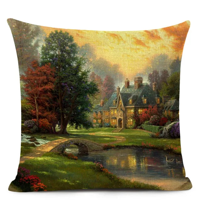 Beautiful Fairy Tale Linen Cushion Cover American Countryside Fields Gardens Scenery Art Oil Painting Decorative Pillowcase