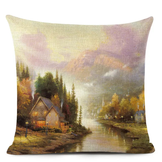 Beautiful Fairy Tale Linen Cushion Cover American Countryside Fields Gardens Scenery Art Oil Painting Decorative Pillowcase