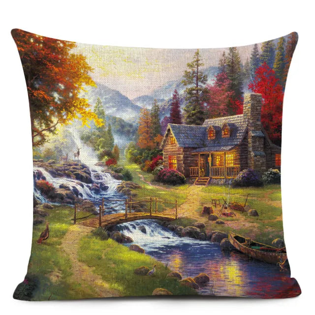 Beautiful Fairy Tale Linen Cushion Cover American Countryside Fields Gardens Scenery Art Oil Painting Decorative Pillowcase