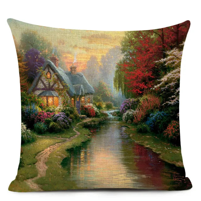 Beautiful Fairy Tale Linen Cushion Cover American Countryside Fields Gardens Scenery Art Oil Painting Decorative Pillowcase