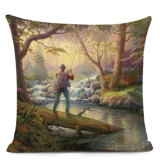 Beautiful Fairy Tale Linen Cushion Cover American Countryside Fields Gardens Scenery Art Oil Painting Decorative Pillowcase