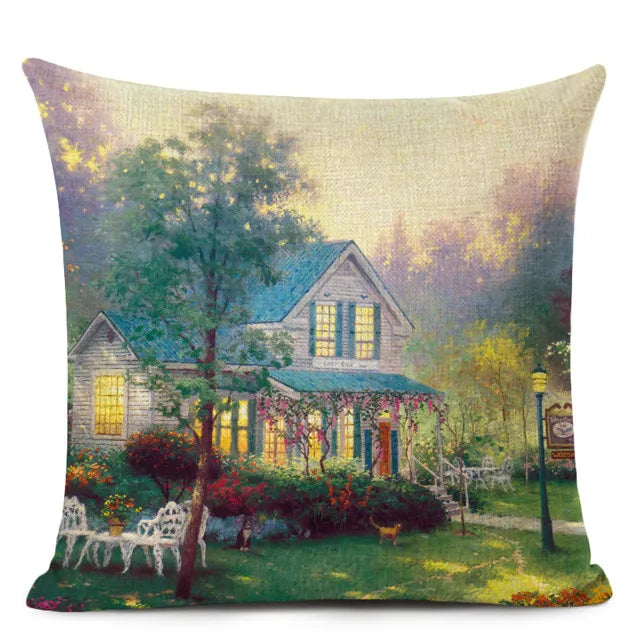 Beautiful Fairy Tale Linen Cushion Cover American Countryside Fields Gardens Scenery Art Oil Painting Decorative Pillowcase