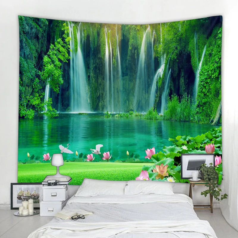 Beautiful nature waterfall tapestry forest print seascape hippie wall hanging bohemian wall tapestry mandala wall decoration