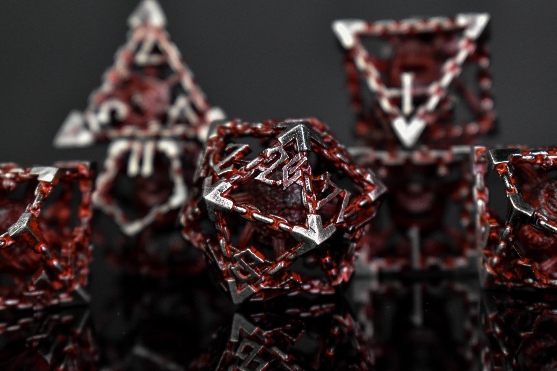 Beholder's Gates Hollow Metal Dice Set - Bloodied Silver