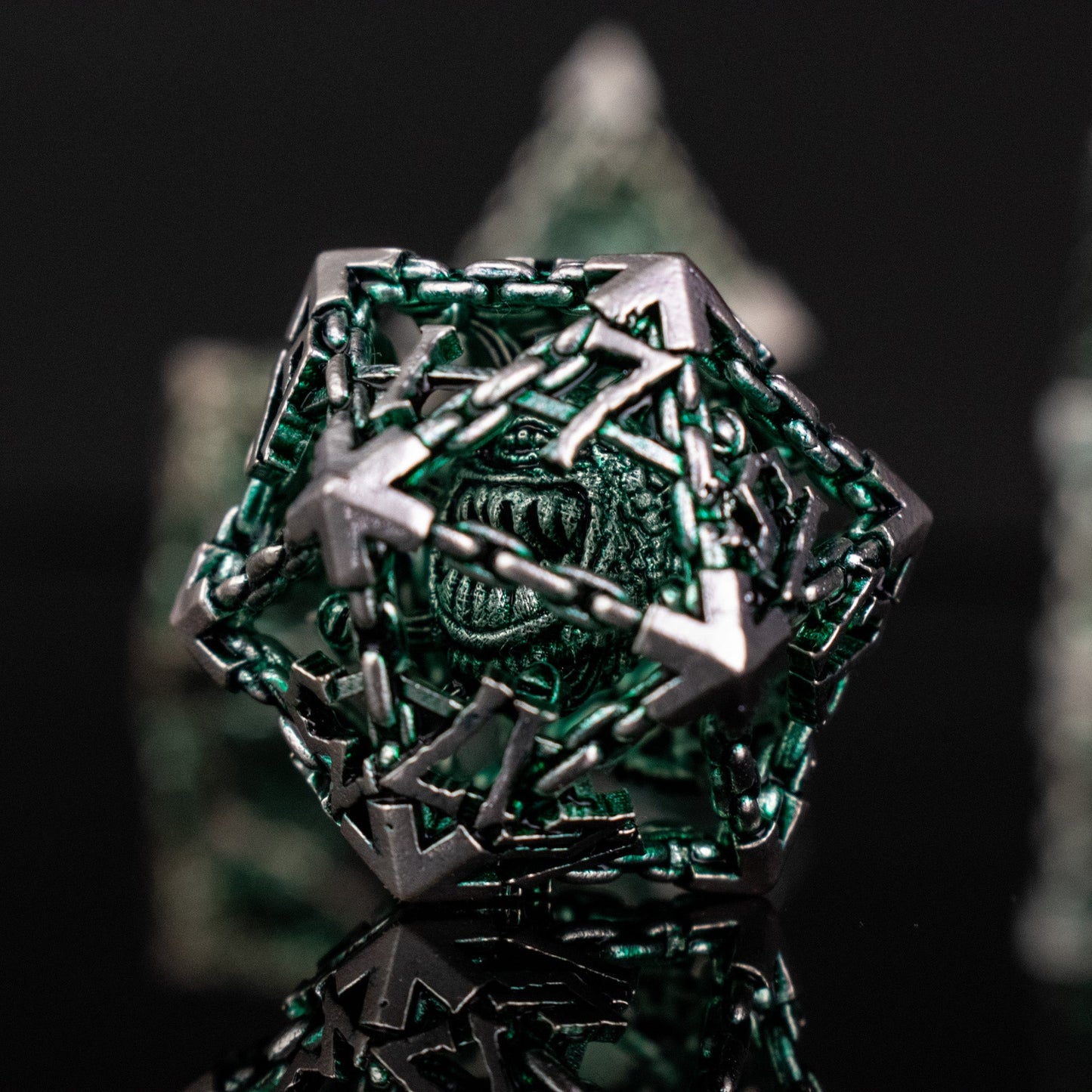 Beholder's Gates Hollow Metal Dice Set - Green and Silver