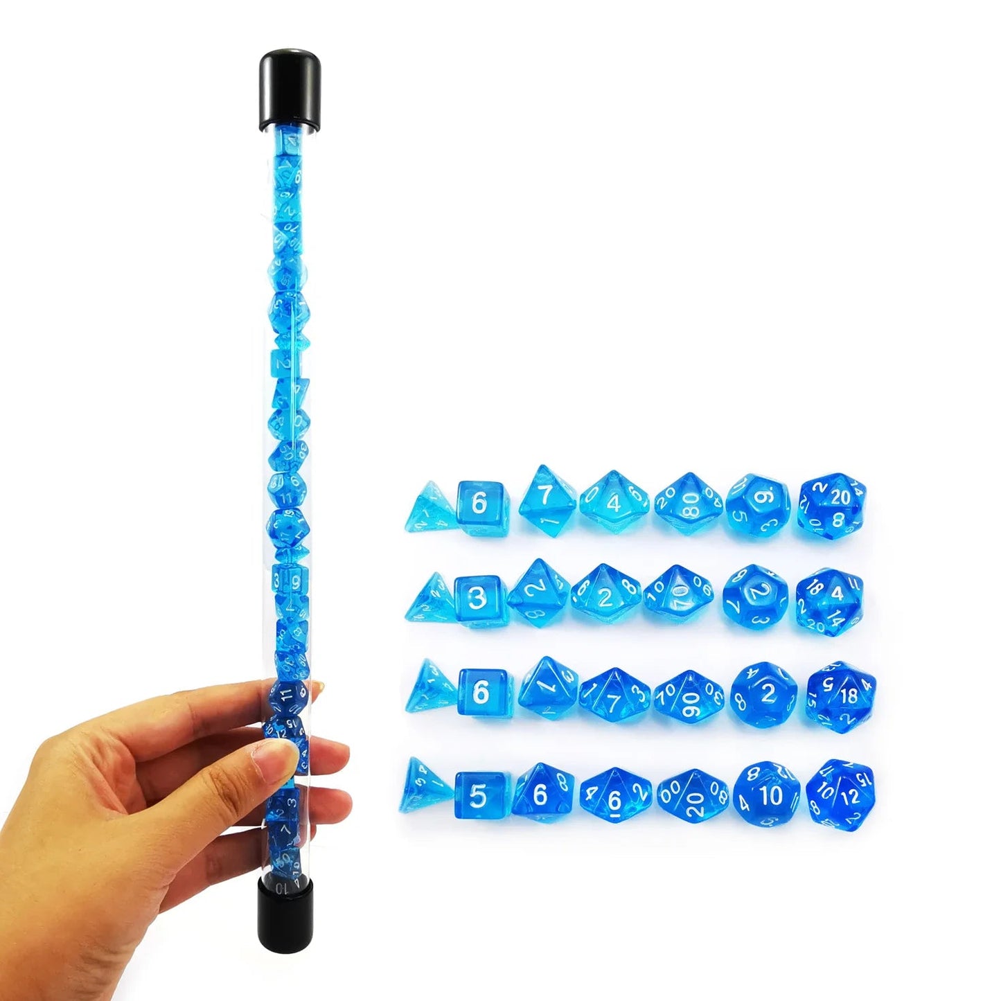 Bescon 28pcs Translucent Blue Mini Polyhedral Dice Set in Tube, Mini RPG Dice 4X7pcs,Mini Gem Blue Dice Tube Set