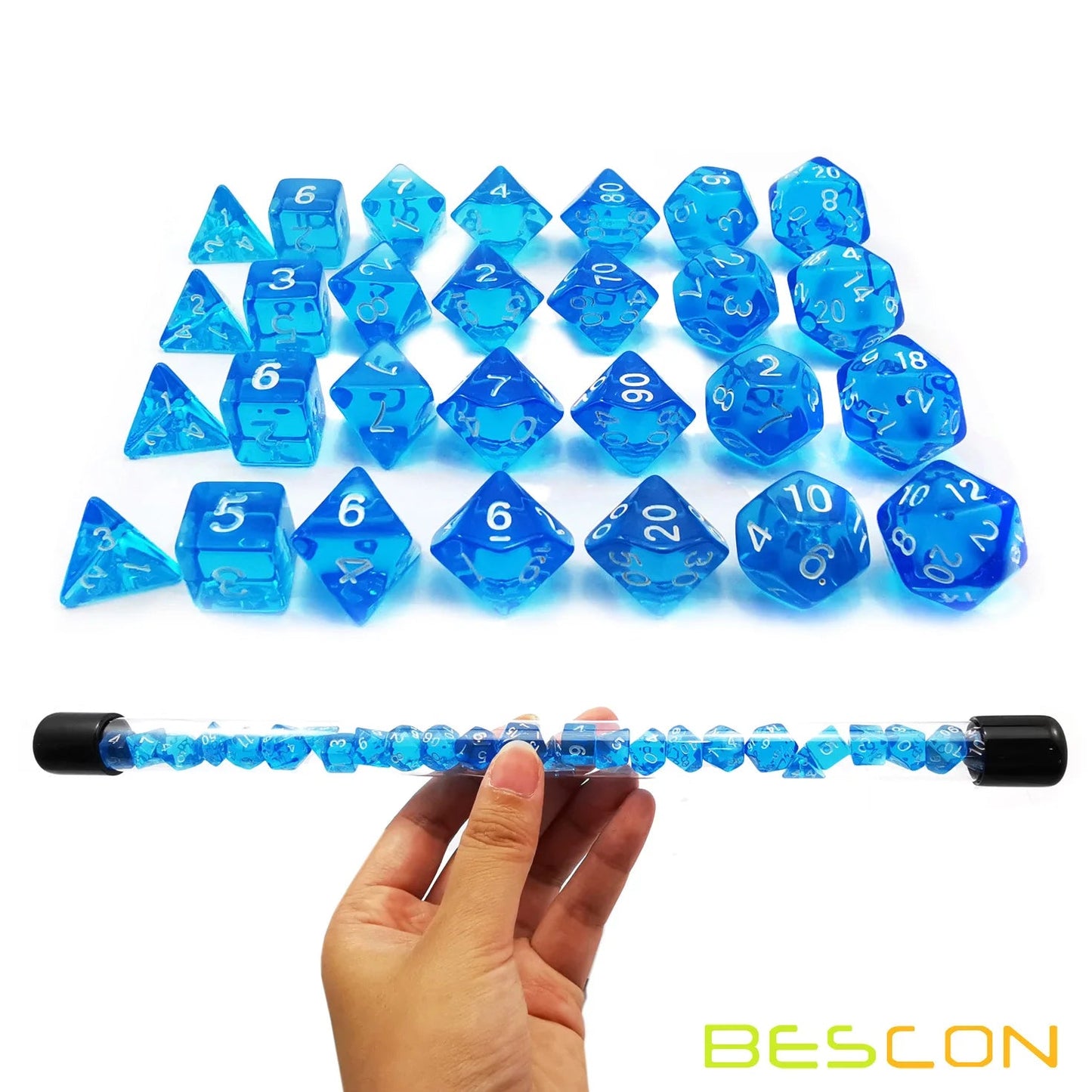 Bescon 28pcs Translucent Blue Mini Polyhedral Dice Set in Tube, Mini RPG Dice 4X7pcs,Mini Gem Blue Dice Tube Set