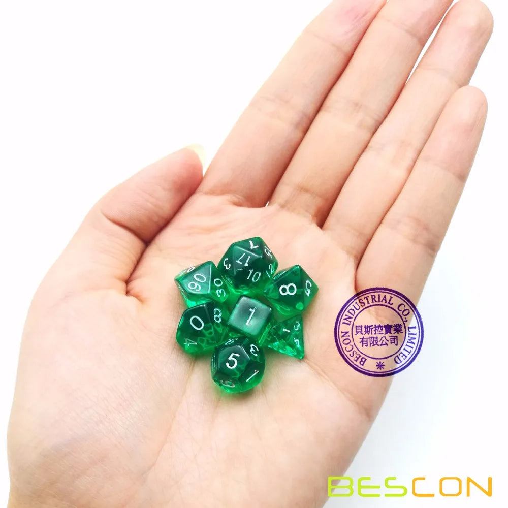 Bescon Mini Translucent Polyhedral RPG Dice Set 10MM, Small RPG Role Playing Game Dice Set D4-D20 in Tube, Transparent Green