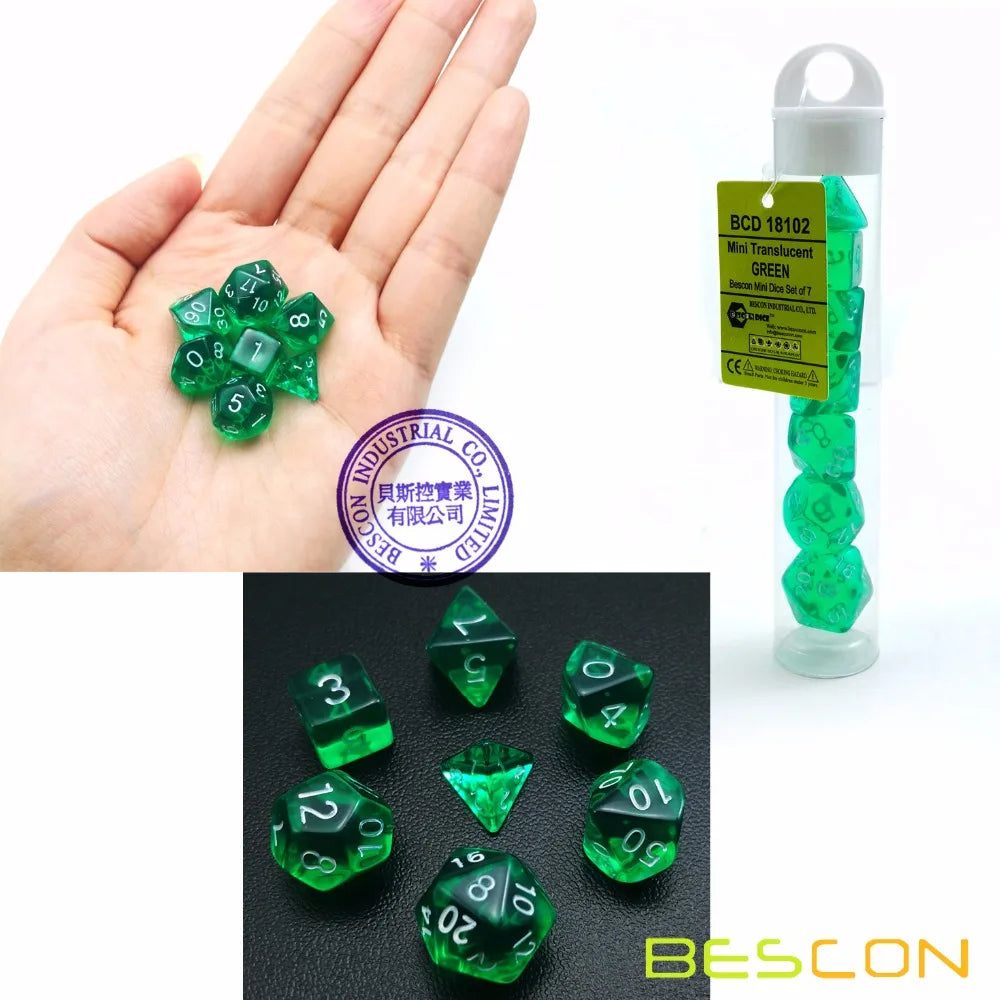 Bescon Mini Translucent Polyhedral RPG Dice Set 10MM, Small RPG Role Playing Game Dice Set D4-D20 in Tube, Transparent Green