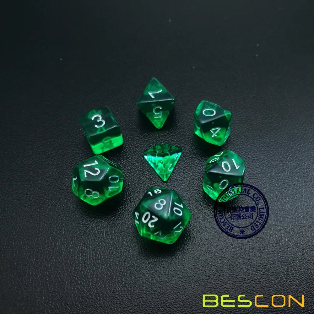 Bescon Mini Translucent Polyhedral RPG Dice Set 10MM, Small RPG Role Playing Game Dice Set D4-D20 in Tube, Transparent Green