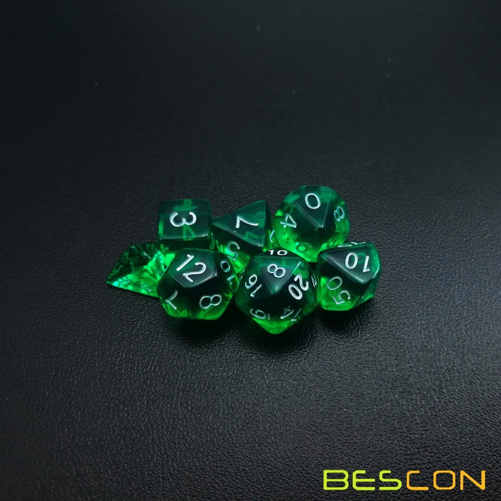 Bescon Mini Translucent Polyhedral RPG Dice Set 10MM, Small RPG Role Playing Game Dice Set D4-D20 in Tube, Transparent Green