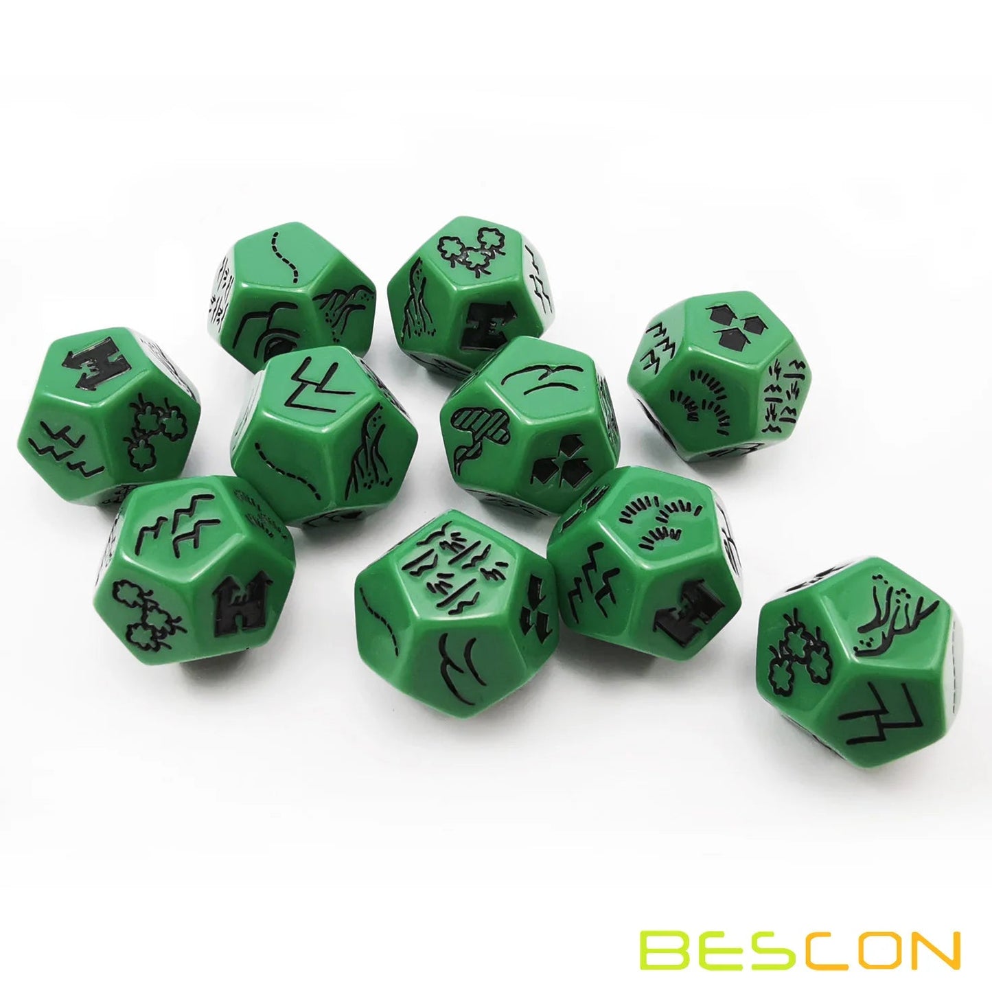 Bescon's Dungeon and Wilderness Terrain, Dungeon Feature and Treasure Type Dice Set, 4 piece Proprietary Polyhedral RPG Dice Set