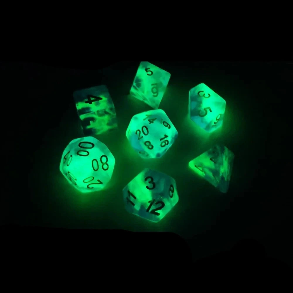 Bescon Super Glow in the Dark Nebula Glitter Polyhedral Dice Set NORTHERN LIGHT, Luminous RPG Dice Set, Glowing Novelty DND Dice