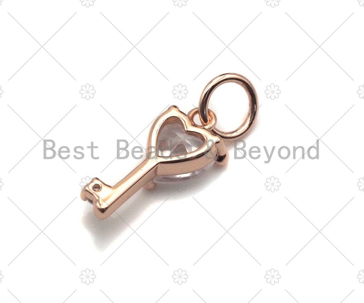 Big Clear CZ Micro Pave Heart Key Shape Pendant,Cubic Zirconia Heart Key Charm,Gold/Silver/Rose Gold Tone,6x12mm,Sku#Y345