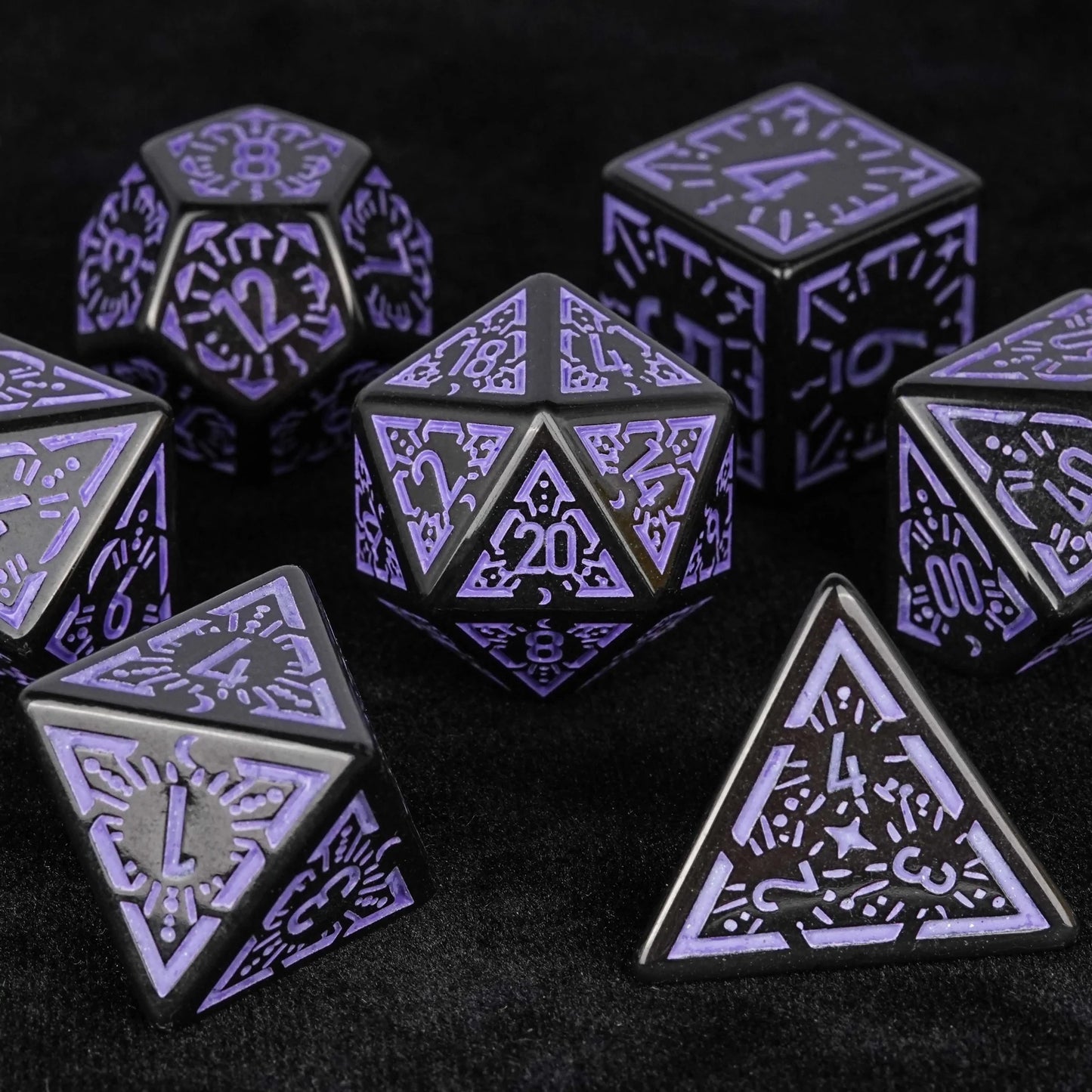 Black and purple rune acrylic DND dice set
