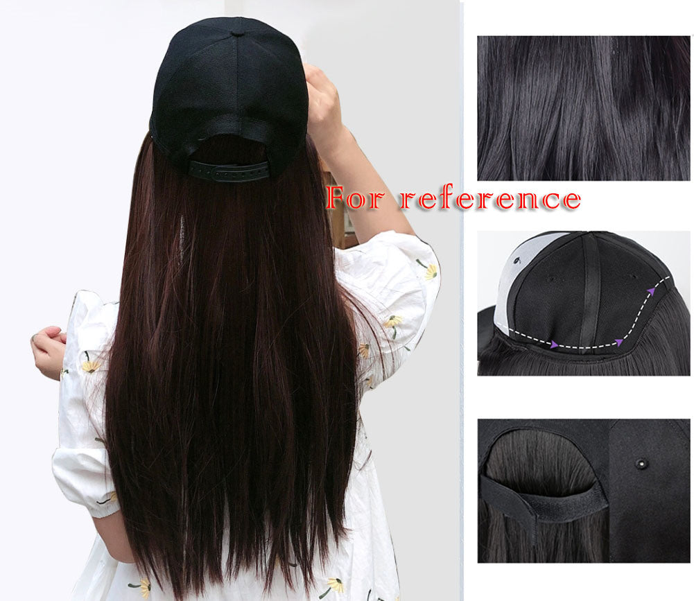 Black Baseball Cap with Grey Blue Long Straight Wig Mixed Color Synthetic Hair Extension Hat Wig Cap