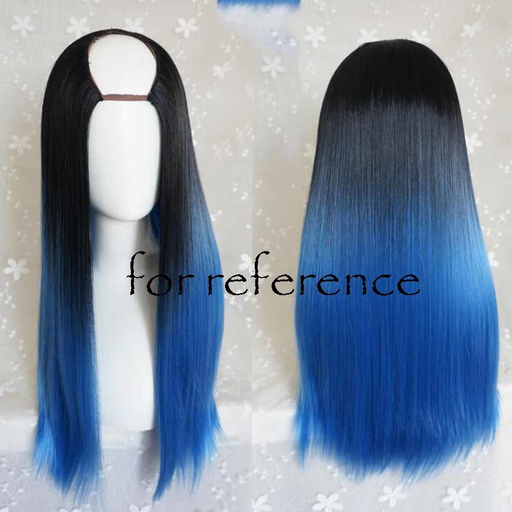 Black Blue 65 cm U Shape 2 Tone Cosplay Full Wig Long Straight Hair Wig Halloween Dress Up