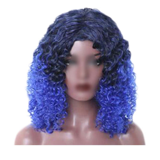 Black Blue Afro Hair Wig 2Tone Short Curly Fluffy Wigs with Bangs Synthetic Hair Full Wig,16 inch