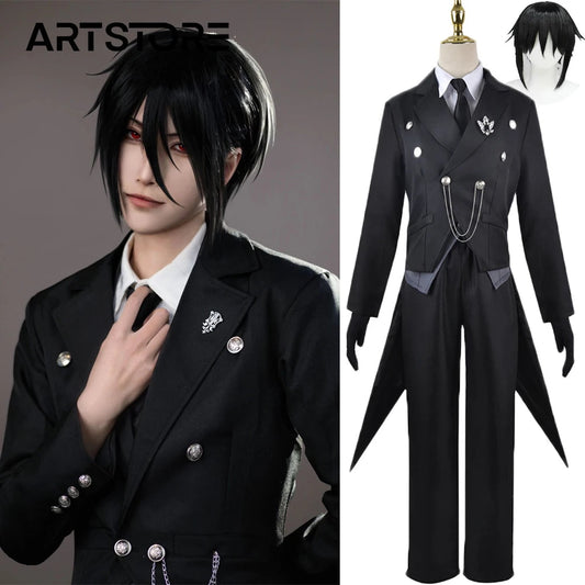 Black Butler Cosplay Japanese Anime Kuroshitsuji Sebastian Michaelis Cosplay Costume Unisex Uniforms 8 piece with Tattoo Sticker