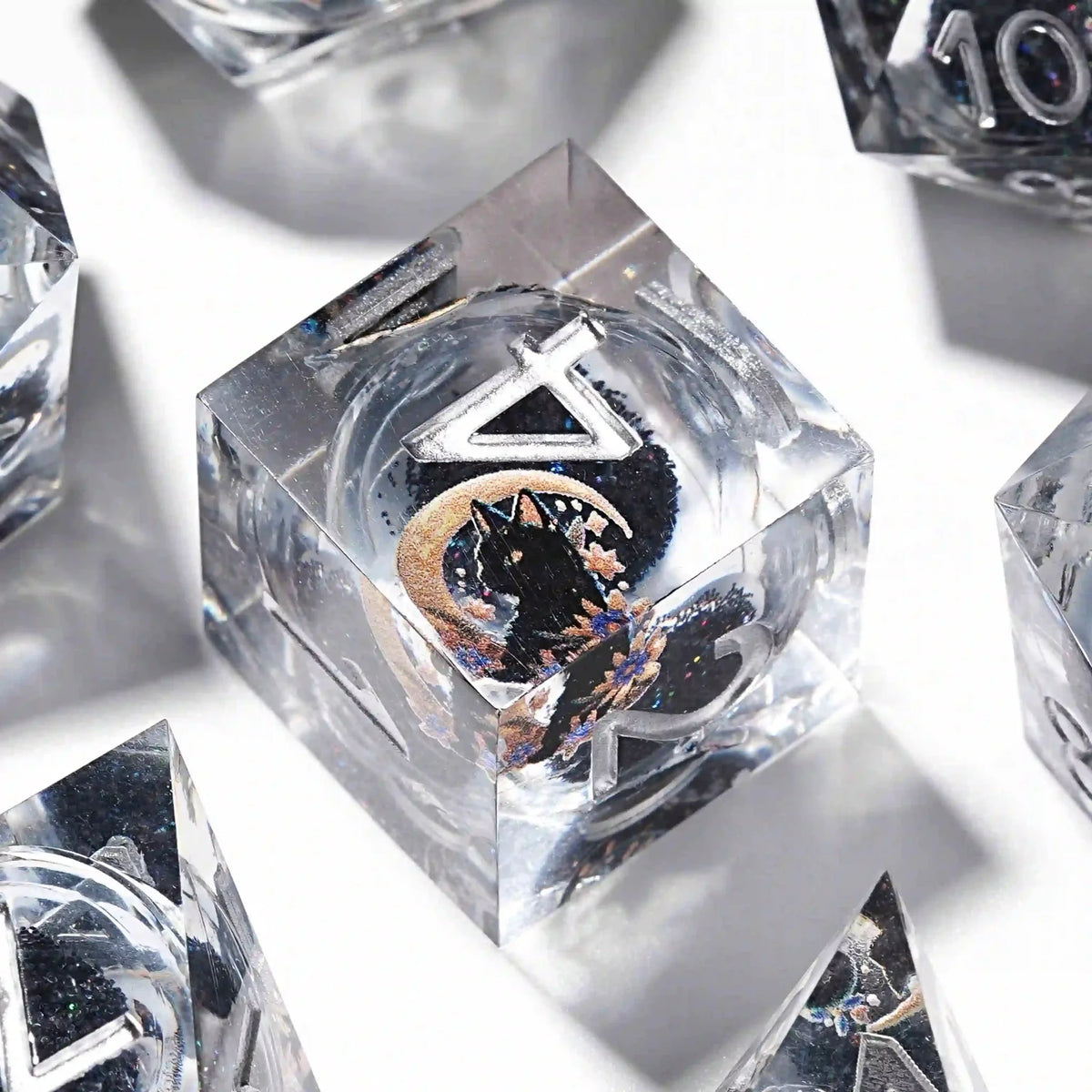 Moon Night Shadow Cat Guardian Unusual White Resin DnD Dice Set