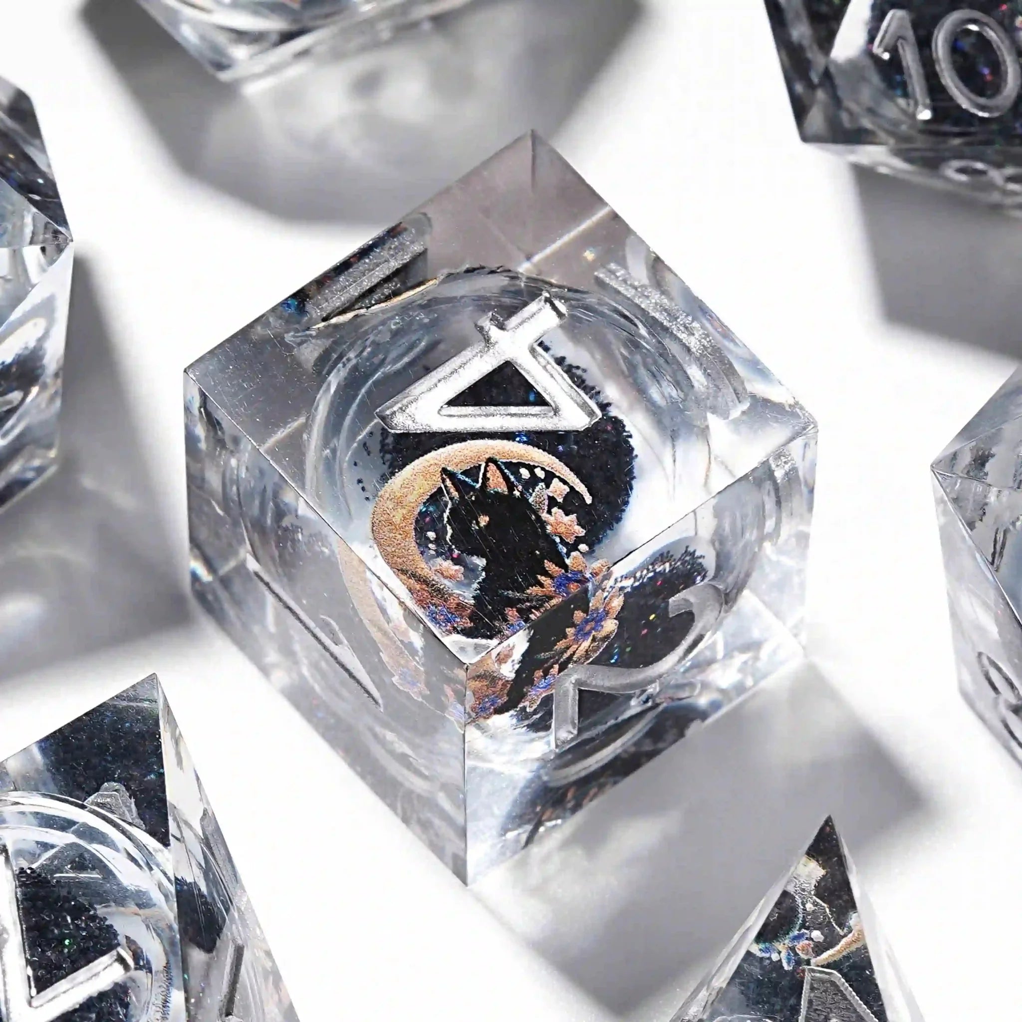Black Cat Liquid Core Clear Resin D&D Dice, Quicksand Dice Set