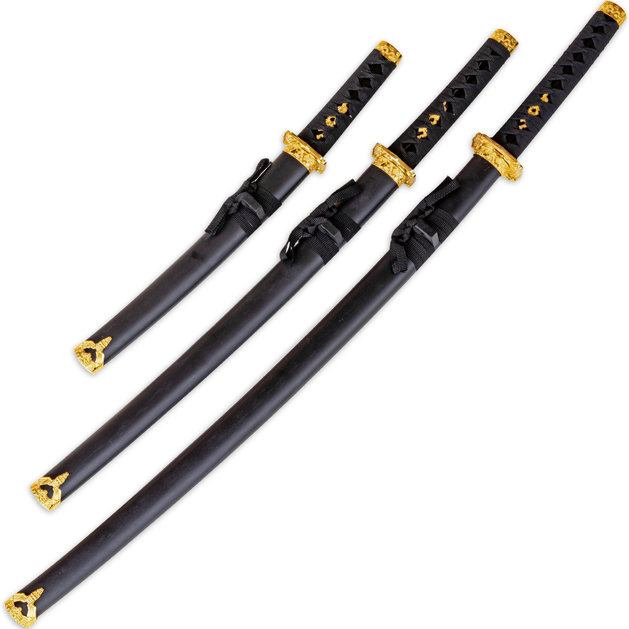 Black Dragon Three Piece Katana Sword Set with Desktop Stand