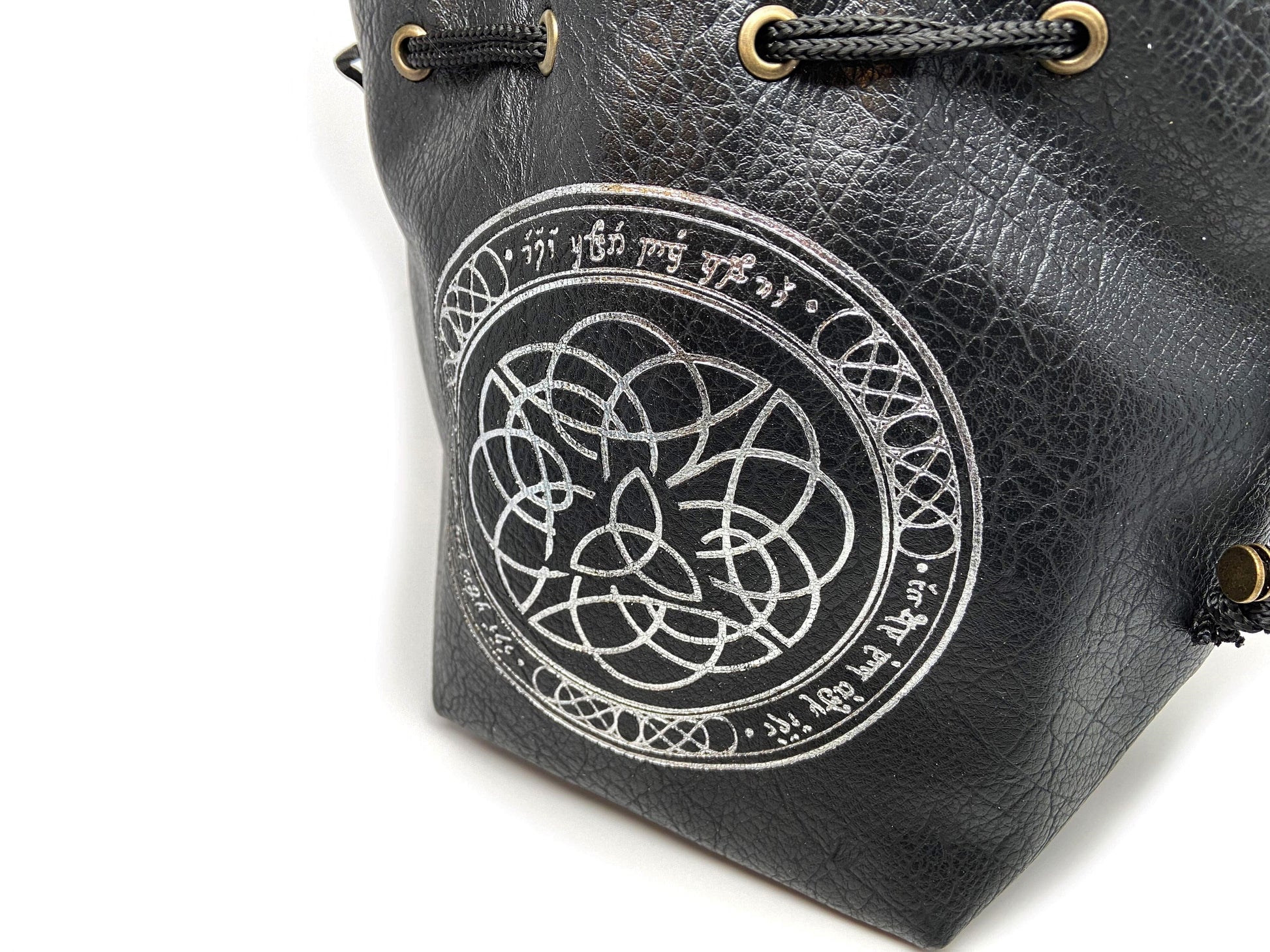 Black Leather Lite Elven Runes Design Self-Standing Large Dice Bag