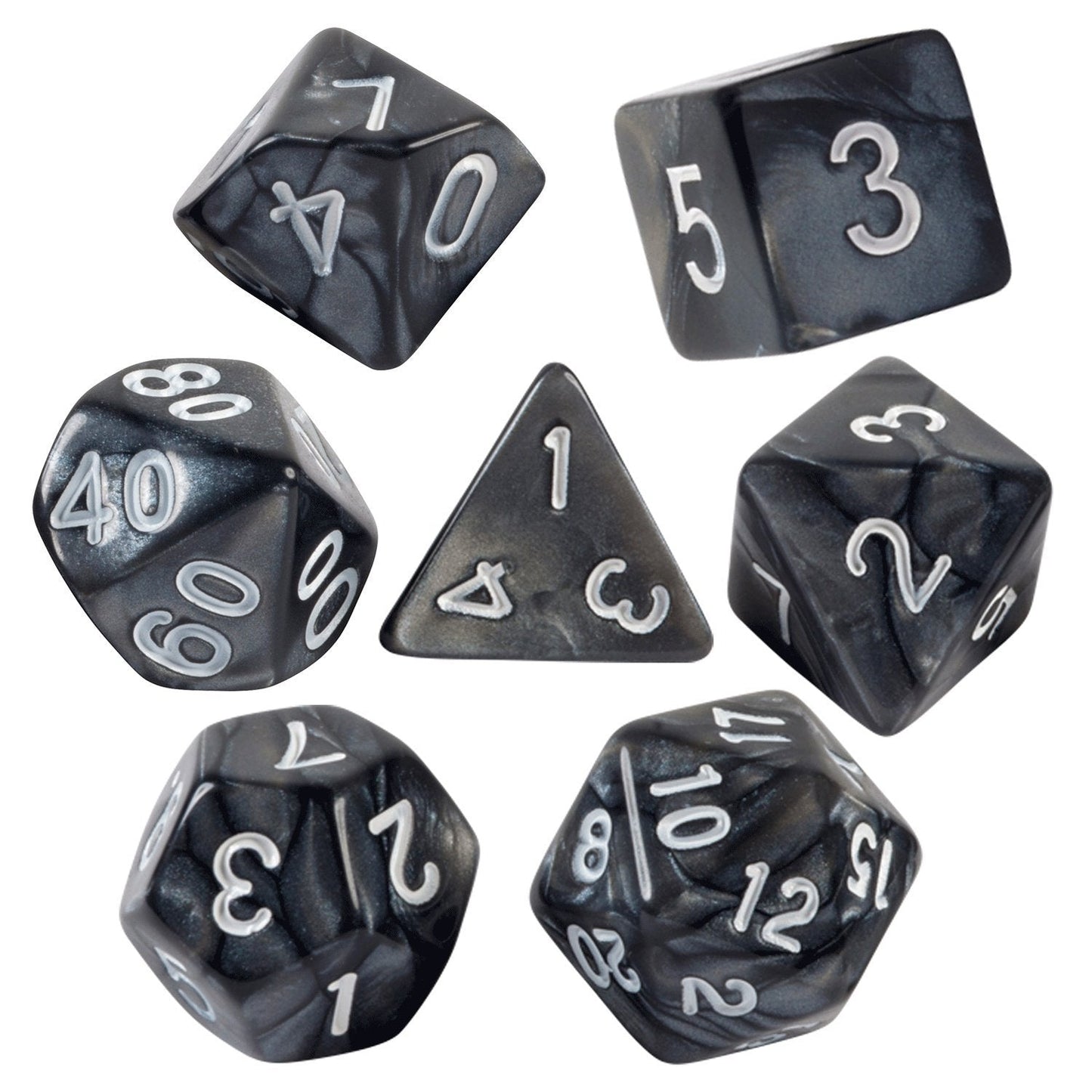 Black Marbled Dice - 7 Piece Set