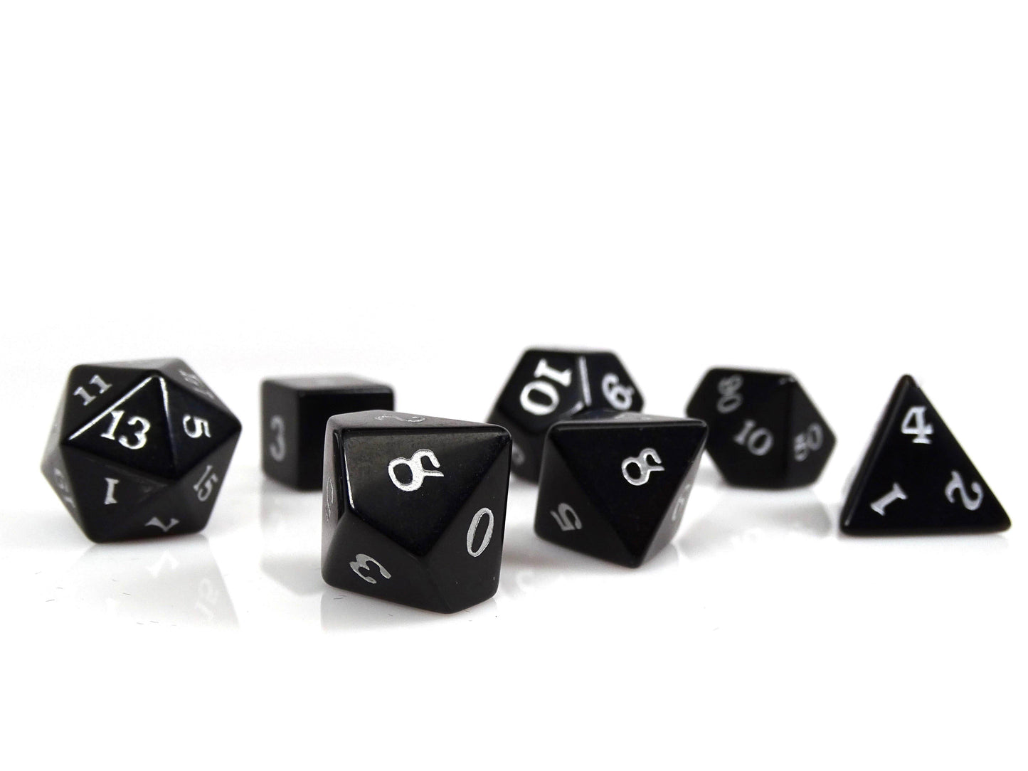 Black Obsidian Dice Set - Silver Signature Font - 