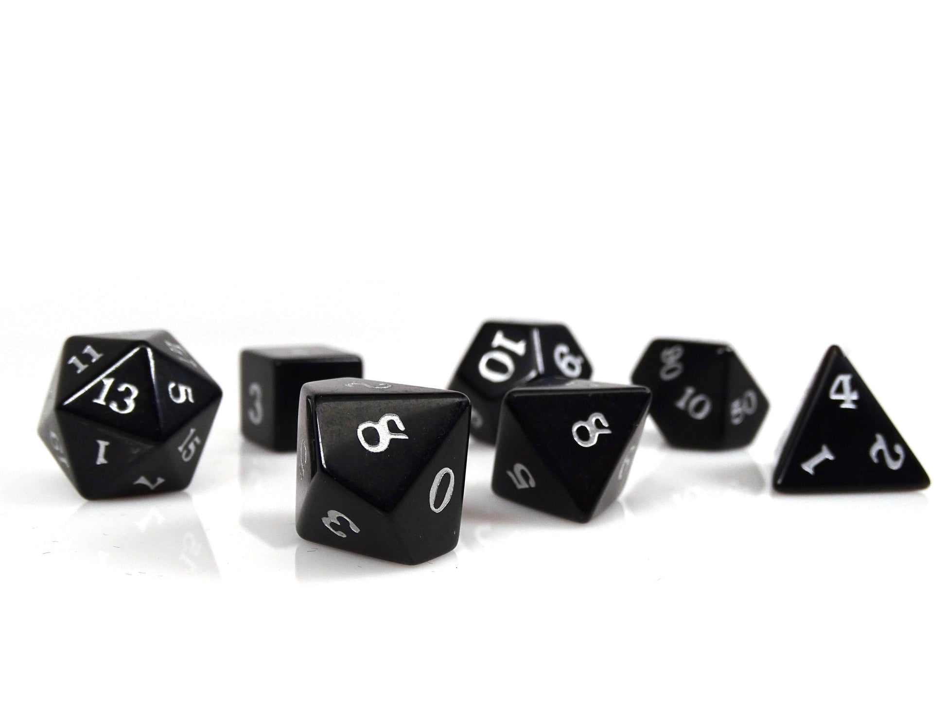 Black Obsidian Dice Set - Silver Signature Font - 