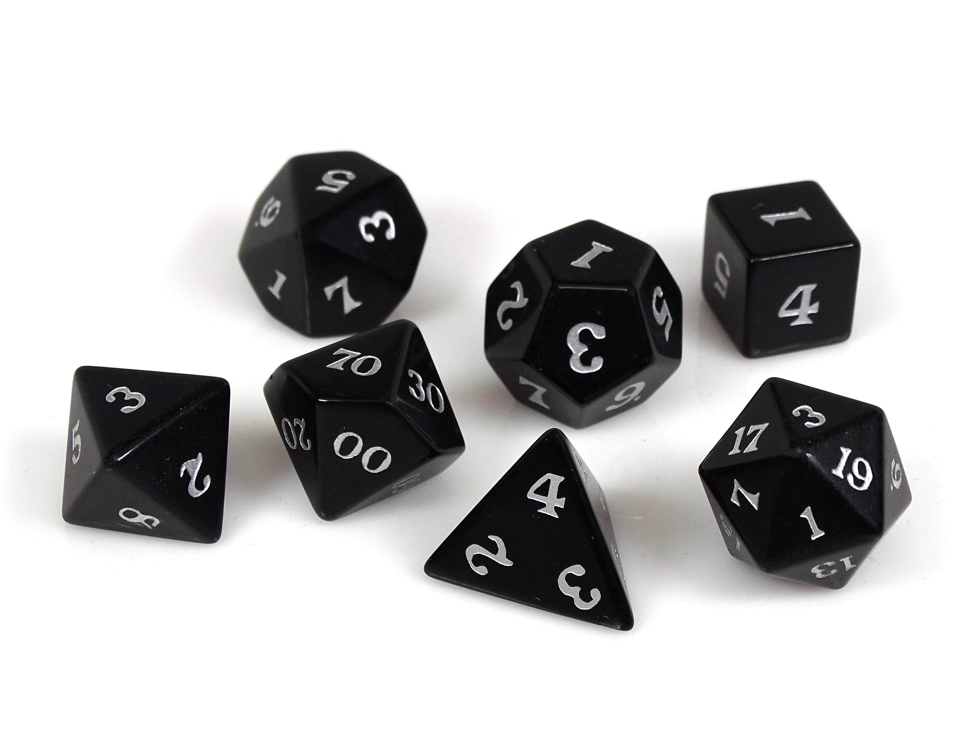 Black Obsidian Dice Set - Silver Signature Font - 