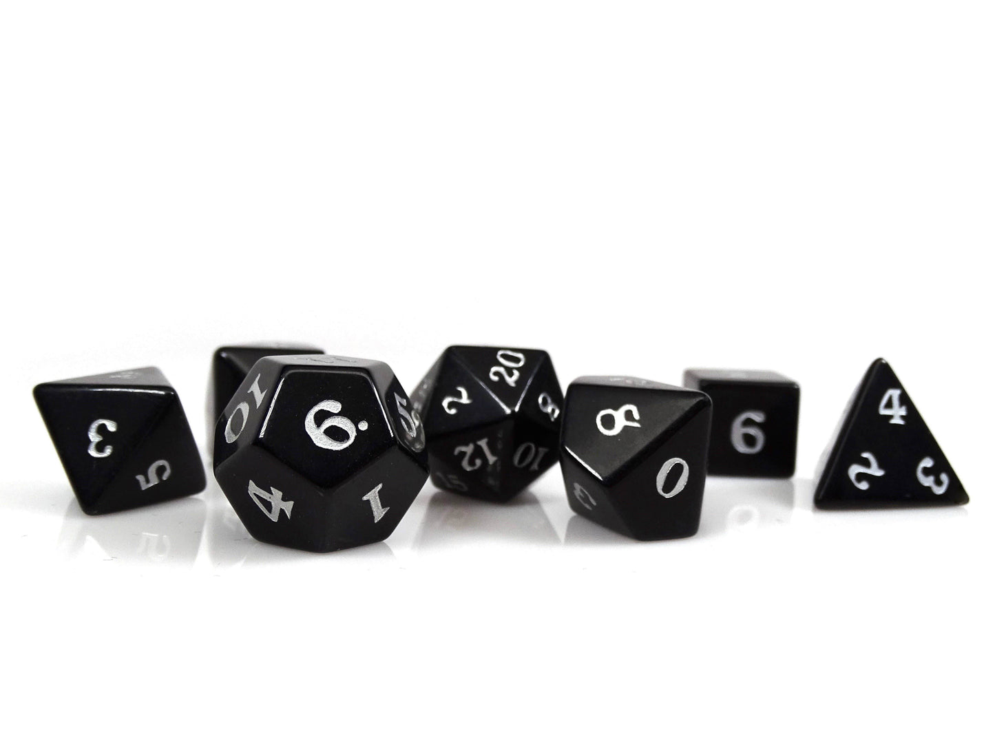 Black Obsidian Dice Set - Silver Signature Font - 