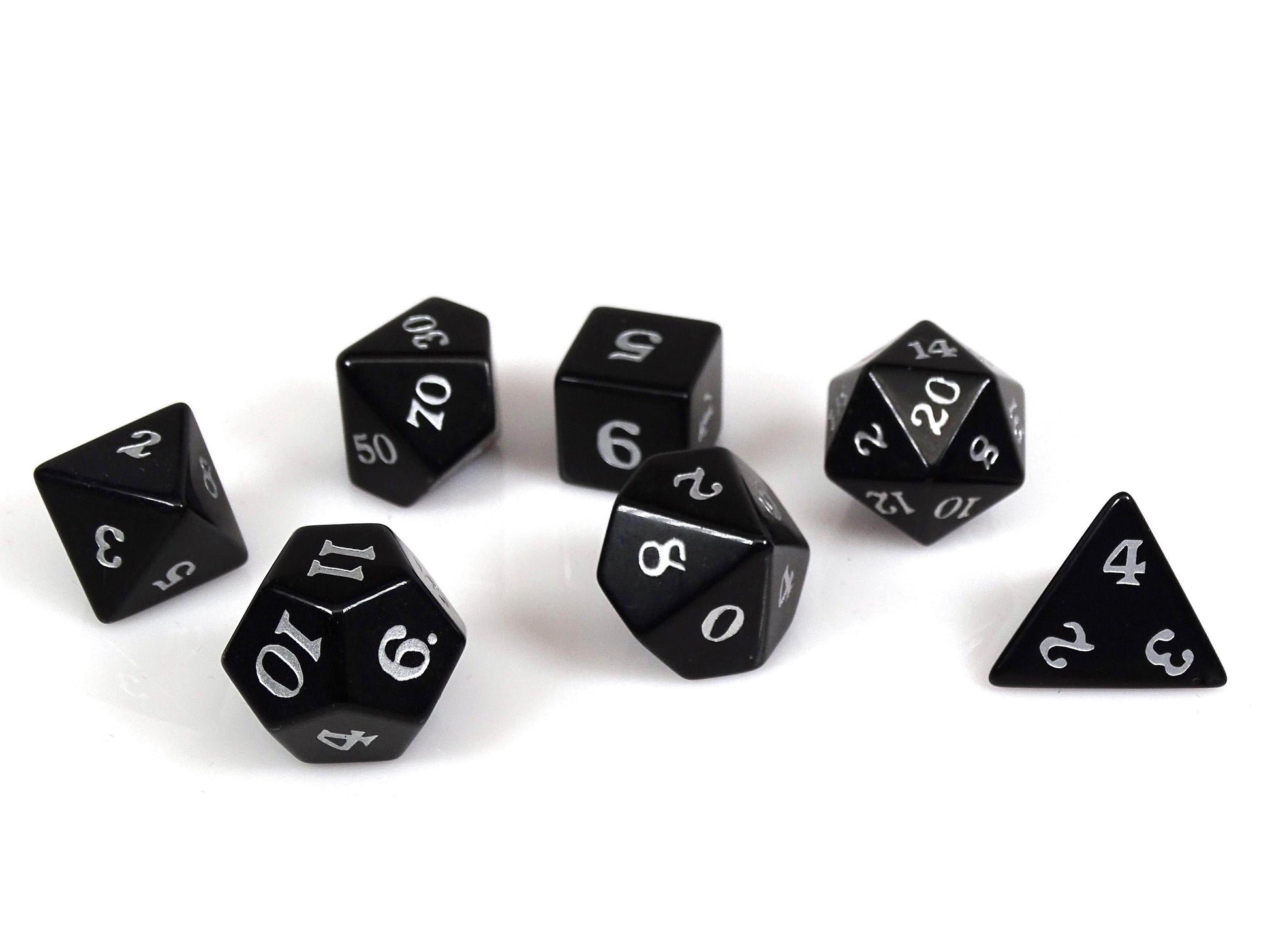 Black Obsidian Dice Set - Silver Signature Font - 