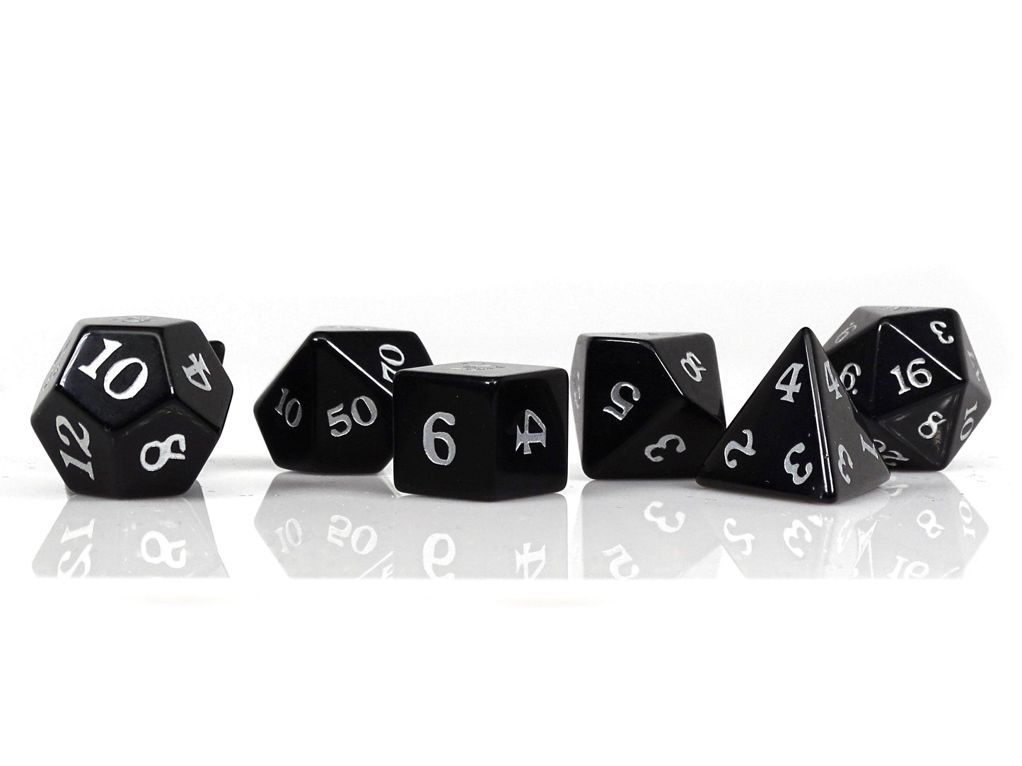 Black Obsidian Dice Set - Silver Signature Font - 